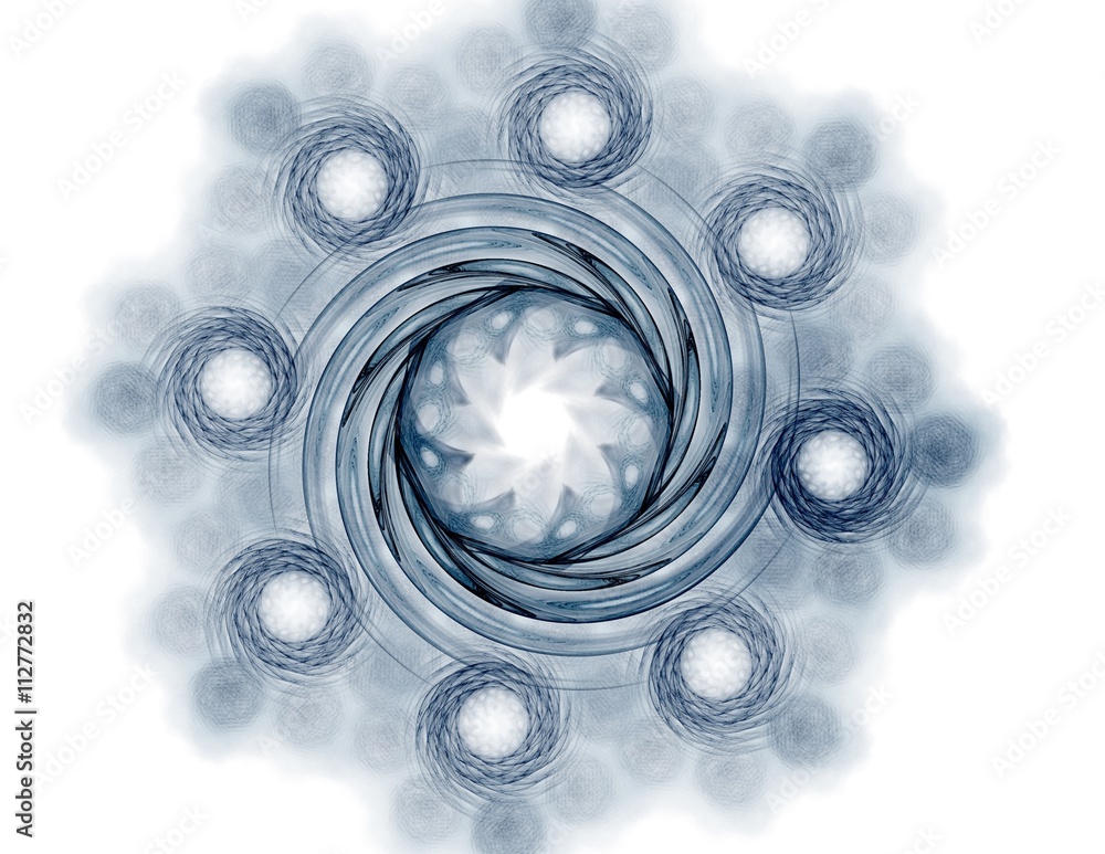 Poster particles of abstract fractal forms on the subject of nuclear physics science and graphic design. ge