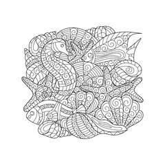 Black and white seamless pattern for coloring book. Sea life