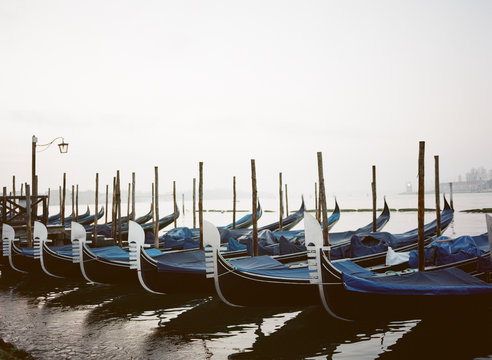 Gondolas moored in a row at dock