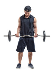 Cut Out fitness man lifting a barbell by both hands and training his biceps