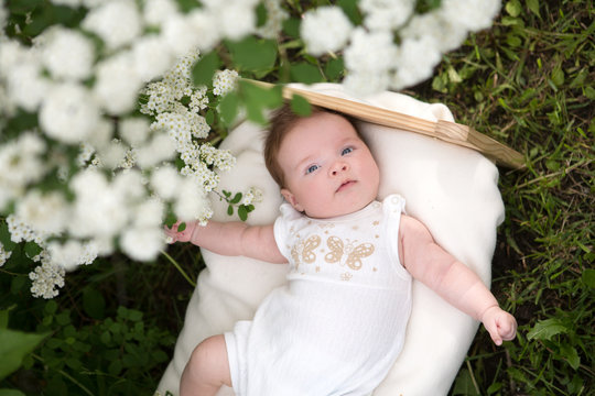 Horizontal picture of the smiling newborn baby outside in the blossoming garden
