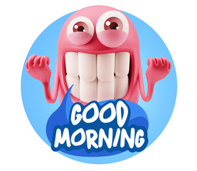 3d Rendering Smile Character Emoticon Expression saying Good Mor