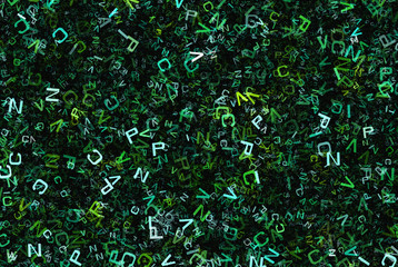 chaotic flying of many abstract green alphabet letters