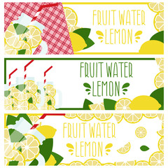 Set of banners with bright fruit water in mason jar with lemons