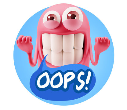 3d Rendering Smile Character Emoticon Expression saying Oops wit