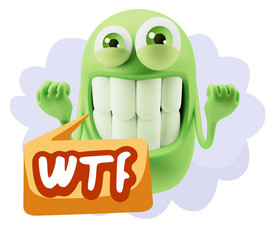 3d Rendering Smile Character Emoticon Expression saying WTF with