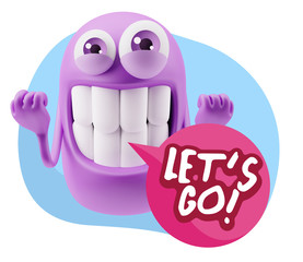 3d Rendering Smile Character Emoticon Expression saying Let'S Go