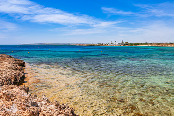 Beautiful panoramic sea view on Ayia Napa near of Cavo Greco, Cyprus island, Mediterranean Sea. Amazing blue green sea and sunny day.