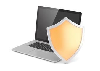 Laptop and shield on white, computer security concept. 3d rendering.