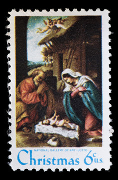 United States used postage stamp showing religious painting, Lorenzo Lotto