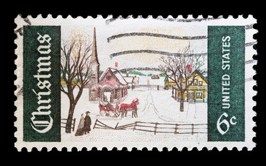 United States used postage stamp showing winter scene for Christmas