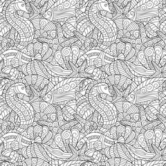 Black and white seamless pattern for coloring book. Sea life