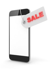 Smart phone with red sale label on white background. Best offer. Leader of sales. 3D rendering.