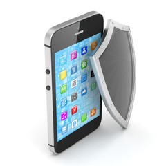 Smartphone and shield on white, security concept. 3d rendering.