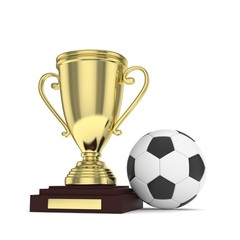 Isolated golden cup with ball on white background. Soccer and football. First place trophy. Game and competition. 3D rendering