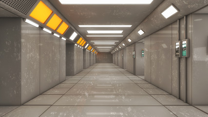 3d render interior. Futuristic hallway. Interior concept design