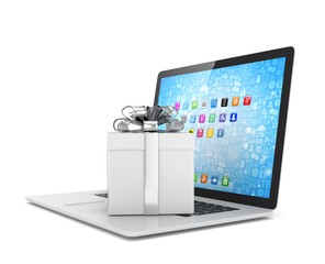 Gift box with ribbon bow on laptop keyboard. 3d rendering.