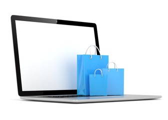 laptop and  shopping pags on white background. 3d rendering.