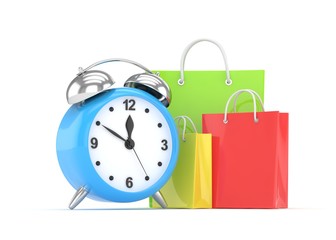 alarm clock and shopping bag (time to buy concept). 3d rendering.
