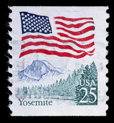 United States used postage stamp showing flag on Yosemite California