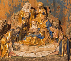 SEGOVIA, SPAIN, APRIL - 14, 2016: The polychrome baroque relief of Burial of Jesus in atrium of...