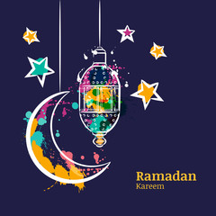 Ramadan greeting card with traditional watercolor lantern, moon and stars on night sky. Ramadan Kareem watercolor decoration background. Vector design for muslim ramadan holiday. 