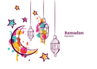 Ramadan greeting card or banner horizontal background. Traditional watercolor lanterns, moon and stars. Ramadan Kareem watercolor decoration background. Vector design for muslim ramadan holiday. 