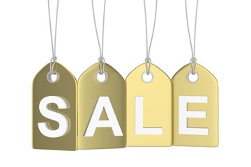 Golden isolated sale labels on white background. Price tags. Special offer and promotion. Store discount. Shopping time. 3D rendering.