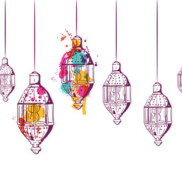 Vector seamless horizontal background with hand drawn watercolor lanterns. Design concept for muslim ramadan kareem holiday decoration, banner, card, background. Lanterns linear sketch, isolated.