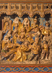 SEGOVIA, SPAIN, APRIL - 14, 2016: The polychrome relief Christ under cross in atrium of church...