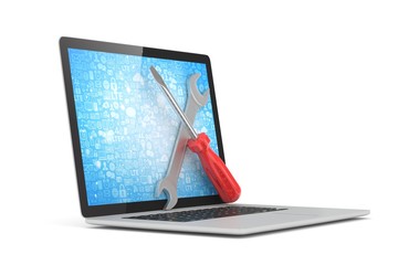 3D Illustration Wrench and screwdriver on laptop, service concept