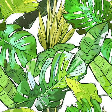 Green jungle vector seamless pattern. Summer background with hand drawn tropical palm tree leaves. Nature background. Design for fashion textile summer print, wrapping, web backgrounds.