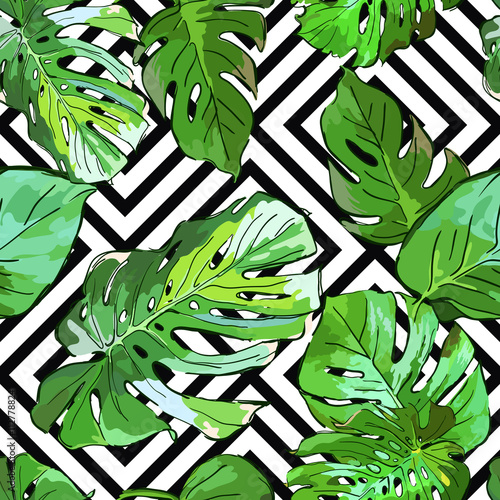 Green Palm Tree Leaves On Black And White Geometric Background Green Palm Tree Leaves On Black And White Geometric Background Vector Summer Seamless Pattern