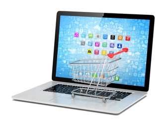 Shopping cart on laptop. 3d rendering.