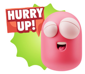 3d Rendering Smile Character Emoticon Expression saying Hurry Up