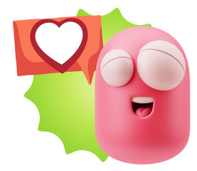 3d Rendering Smile Character Emoticon Expressing Love with a Hea