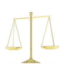 Isolated golden scales on white background. Symbol of judgement. Law, measurement, liberty in one concept. 3D rendering.