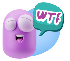 3d Rendering Smile Character Emoticon Expression saying WTF with