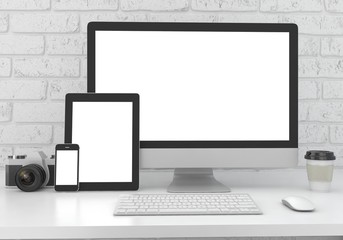 Responsive mockup screen. Monitor, tablet, phone on table in office. 3d rendering.