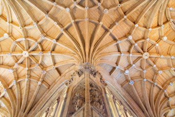 SALAMANCA, SPAIN, APRIL - 16, 2016: The vault gothic atrium of monastery Convento de San Esteban.
