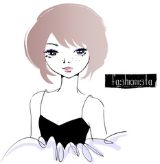 Beautiful fashion girl. Fashionista translation is a person who works in the fashion industry. Vector illustration.