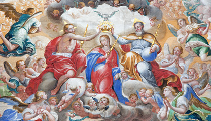 SALAMANCA, SPAIN, APRIL - 16, 2016: The fresco of Coronation of Virgin Mary by  Antonio de Villamor (1661-1729)  in monastery Convento de San Esteban and Chapel of Rosary. - obrazy, fototapety, plakaty