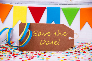 Label With Party Decoration, Text Save The Date