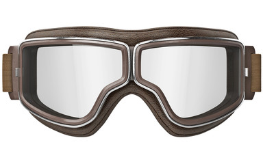 Black aviation goggles in vintage style with chrome inserts, front view. 3D graphic - 112782003