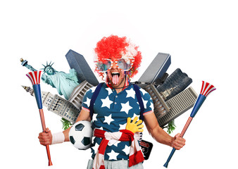 USA football fan in a red wig and horns