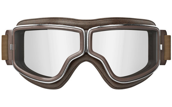Black aviation goggles in vintage style with chrome inserts, front view. 3D graphic