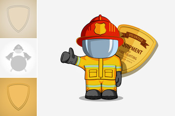 Vector hand drawn illustration. Isolated character firefighter in protective suit stands and raises his finger up. Smoke on a blue background.