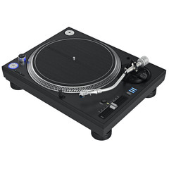 Turntable dj music mixer equipment with chrome elements. 3D graphic