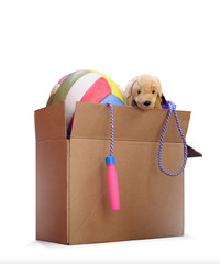 Box of used toys for a removal, garage sale, auction, or donation to a charitable organization. Isolated on white background.