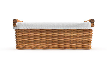 Empty wicker baskets with fabric on white background. 3D graphic